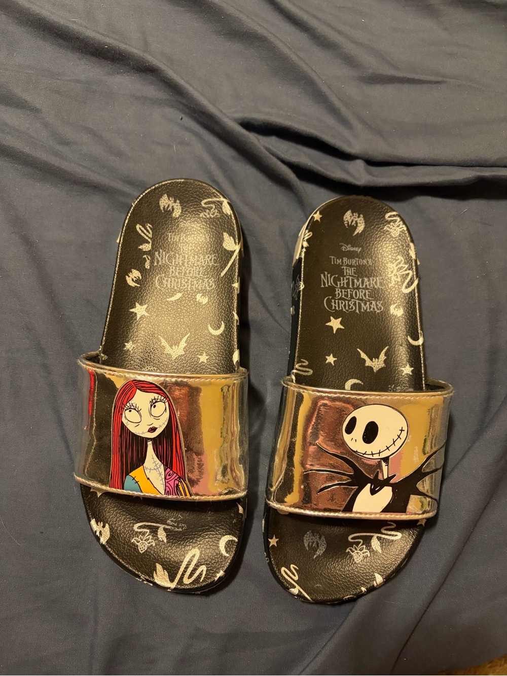 Disney Nightmare Before Christmas Jack & Sally Iridescent Gold Slide Sandals